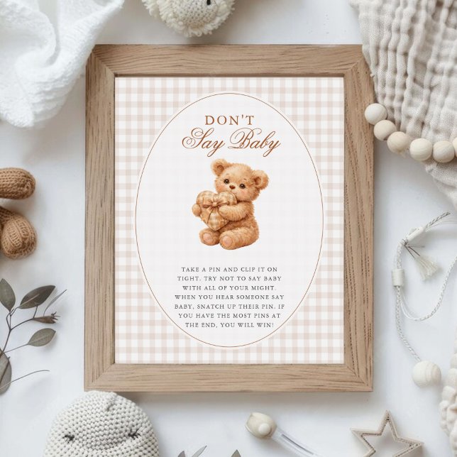 Affiche Petite Fête de Naissance Ourson Marron Gingham (Créateur téléchargé)