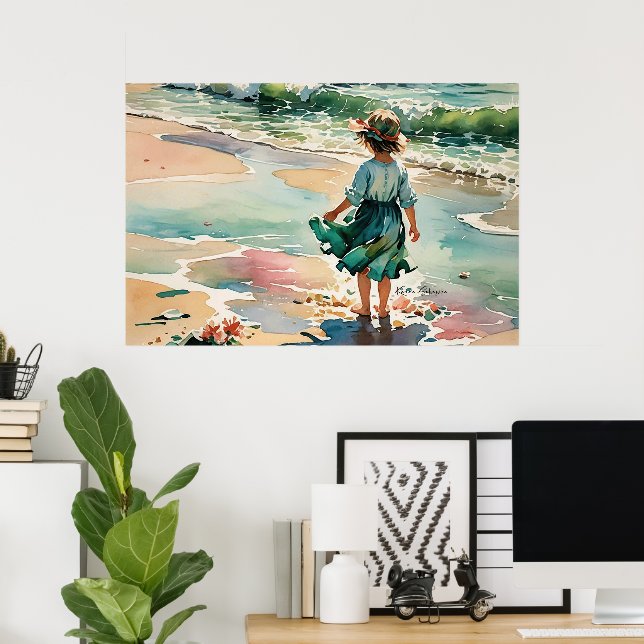 Affiche Petite fille à la plage, aquarelle des vagues de l (Bureau à domicile)