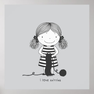 Affiche Petite Fille Adorable qui Tricote I Love Knitting