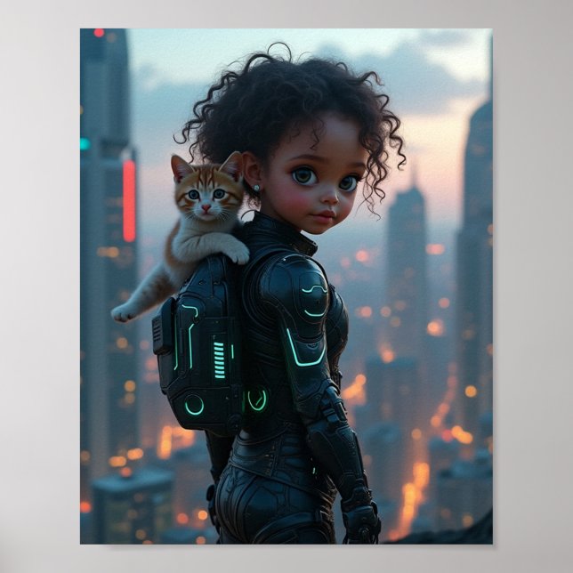 Affiche petite fille afro-américaine avec son chaton (Devant)