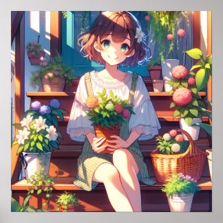 Affiche Petite fille Anime tenant un Plante