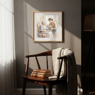 Affiche Petite-fille apportant des fleurs à grand-mère pei