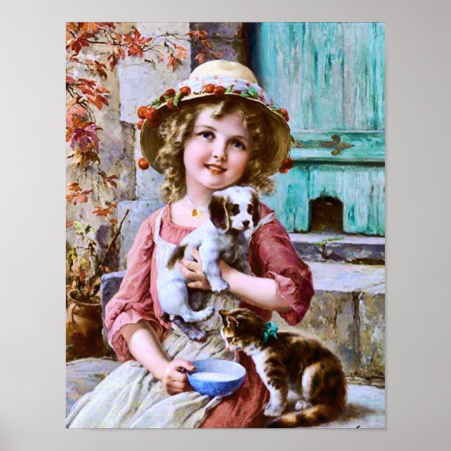 Affiche Petite fille avec animaux de compagnie par Emile V (Devant)