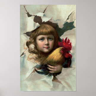 Affiche Petite fille avec coq "Early Birds"