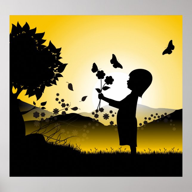 Affiche Petite fille avec silhouette fleurie (Devant)