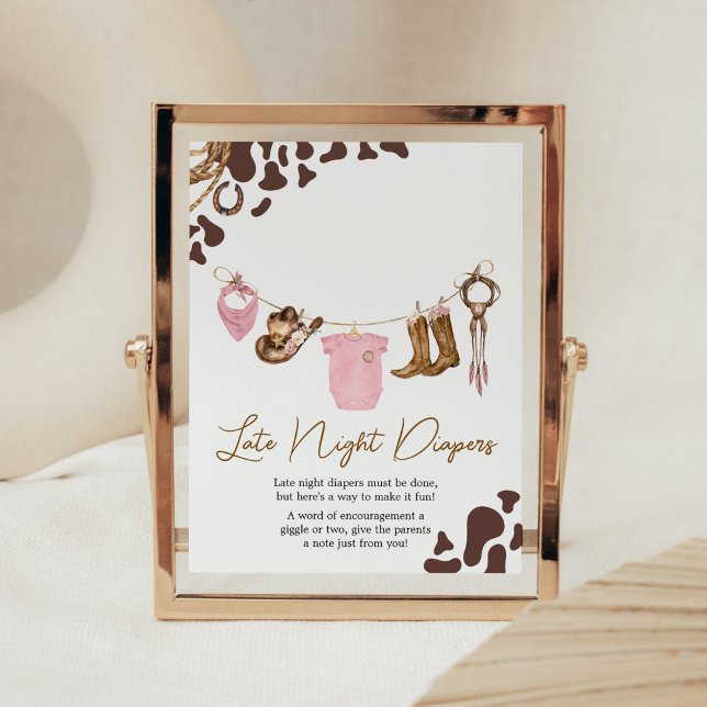 Affiche Petite fille Baby shower Late Night Diapés (Pink Western Rodeo Baby Shower Late Night Diapers Sign)