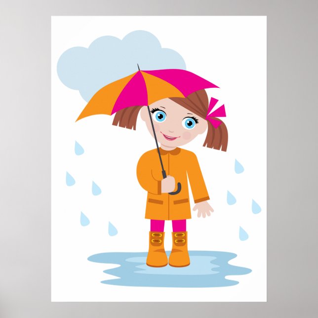 Affiche Petite Fille en Imper Orange avec Parapluie Rose (Devant)