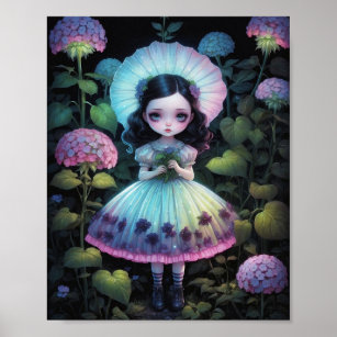 Affiche Petite fille entourée d'hortensias