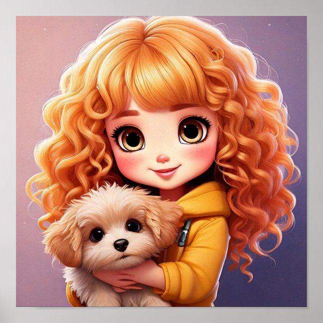Affiche Petite fille et chien; Chibi art, (Devant)