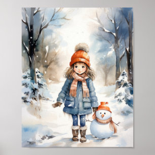 Affiche Petite fille et son bonhomme de neige