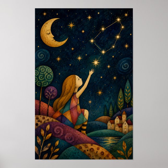 AFFICHE PETITE FILLE FANTAISISTE ATTRAPANT LES ÉTOILES (Devant)
