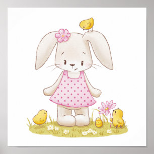 Affiche Petite fille lapin en Robe Rose et pousses Kawaii