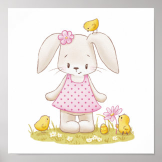 Affiche Petite fille lapin en Robe Rose et pousses Kawaii