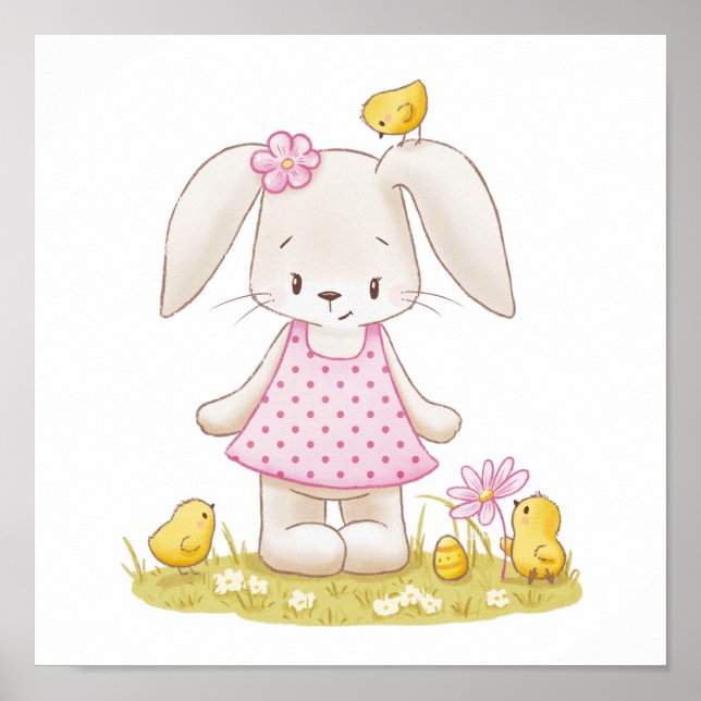 Affiche Petite fille lapin en Robe Rose et pousses Kawaii (Devant)