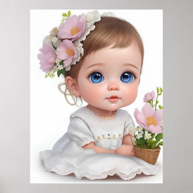 Affiche Petite fille mignonne aux yeux et aux fleurs bleue (Devant)