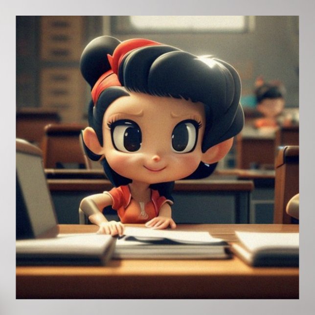 Affiche Petite fille mignonne en classe à l'école fille mo (Devant)
