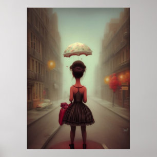 Affiche Petite fille mignonne rentrant à pied du parapluie