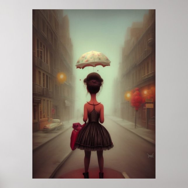 Affiche Petite fille mignonne rentrant à pied du parapluie (Devant)