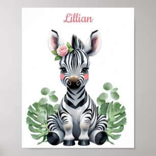 Affiche Petite fille personnalisée Zebra Safari Nursery
