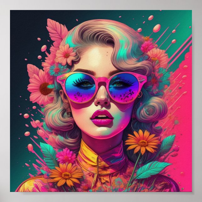 Affiche Petite fille rétro avec lunettes de soleil et fleu (Devant)
