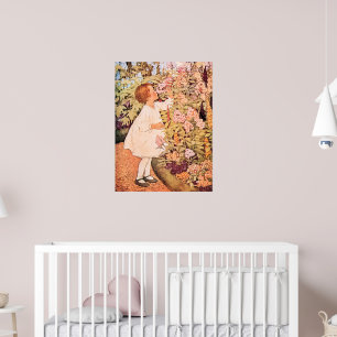 Affiche Petite Fille Sentant des Fleurs Illustration Vinta