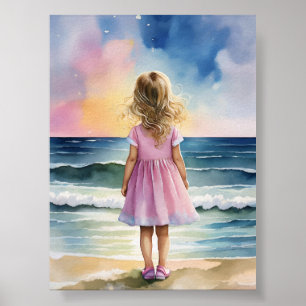 Affiche Petite fille sur la plage aquarelle mur d'art