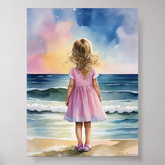 Affiche Petite fille sur la plage aquarelle mur d'art (Devant)