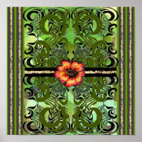 Petite fleur rouge et motif vert damassé
