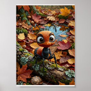 Affiche Petite fourmi automne bûche feuilles mortes forêt