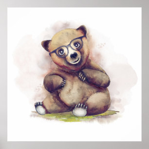 Affiche Petite ours bébé avec lunettes Aquarelle mignonne