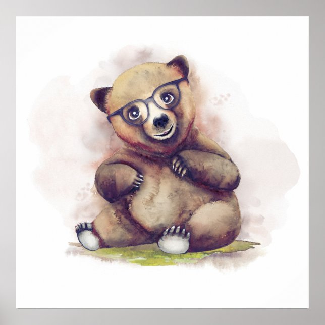 Affiche Petite ours bébé avec lunettes Aquarelle mignonne (Devant)