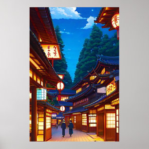 Affiche Petite rue de ville japonaise la nuit