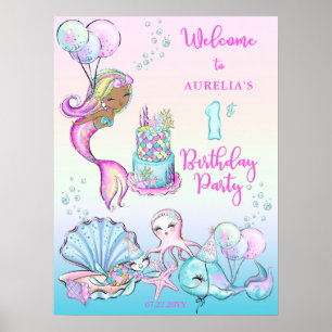 Affiche Petite Sirène de Couleur - Fille 1er Anniversaire
