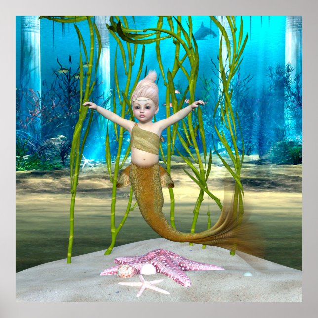Affiche Petite Sirène Fantaisie Fille, Océan Bleu (Devant)