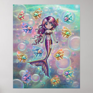 Affiche Petite sirène rose avec du poisson et des bulles I