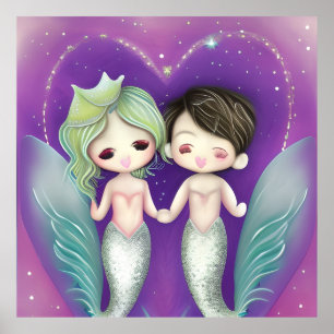 Affiche Petite Sirènes mignonne fille garçon en amour Post