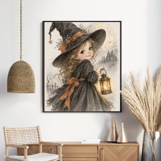 Affiche Petite Sorcière Mignonne avec Lanterne