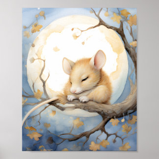 Affiche Petite souris couchée avec la lune