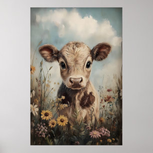 Affiche Petite vache fleurs sauvages impression, Pâques fe