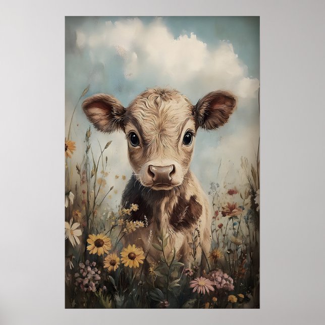 Affiche Petite vache fleurs sauvages impression, Pâques fe (Devant)