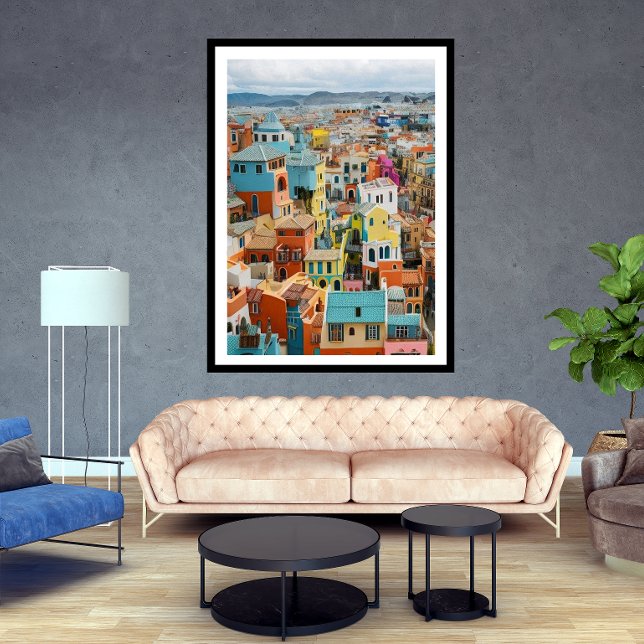 Affiche Petite ville touristique beaucoup de maisons color (Créateur téléchargé)