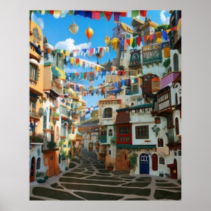 Affiche Petite ville touristique beaucoup de maisons color