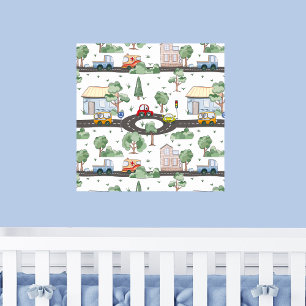 Affiche Petite Ville & Voitures Motif Coloré