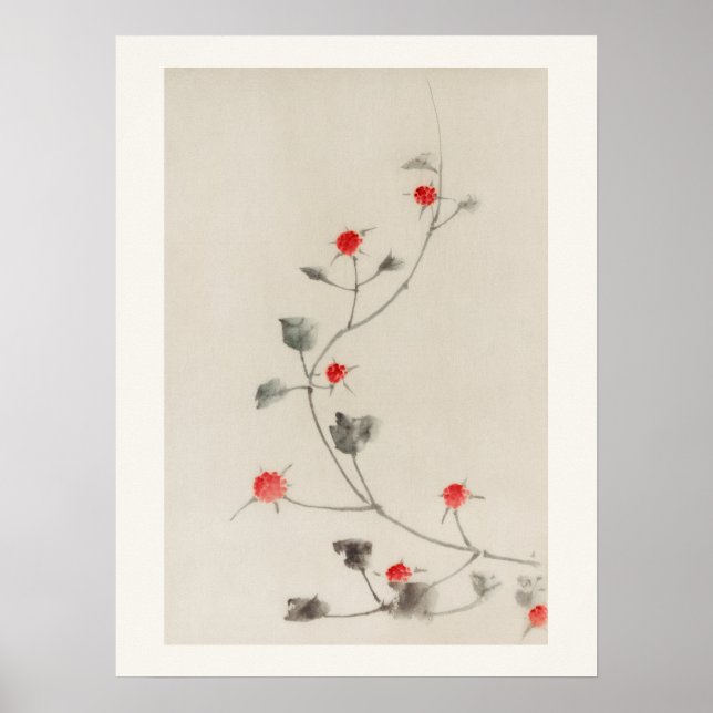 Affiche Petites fleurs rouges sur une vigne par Katsushika (Devant)