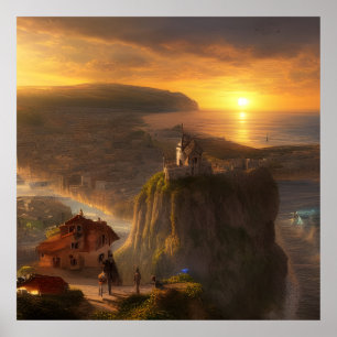 Affiche Petites Maisons sur une falaise mer et soleil
