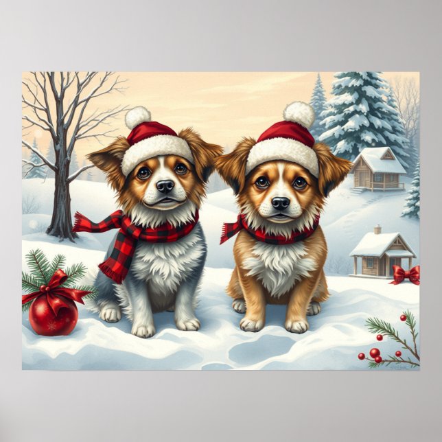 Affiche Petits chiens en hiver avant l'arrivée et l'hiver  (Devant)