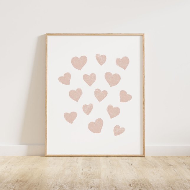 Affiche Petits Coeurs Roses Brousses (Chalky brush style small tossed hearts in blush pink)