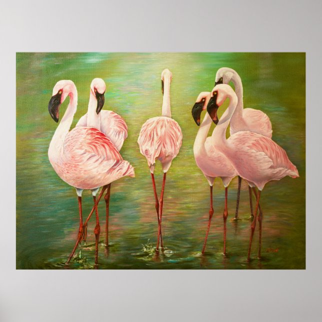 Affiche Petits flamants roses peignant l'art (Devant)