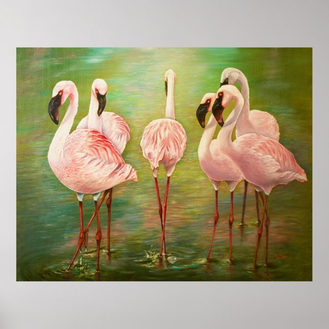 Affiche Petits flamants roses peindre art (Devant)