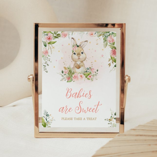 Affiche Petits lapins à fleurs roses sont doux (Girl Peter Rabbit Baby Shower Babies are Sweet Sign)